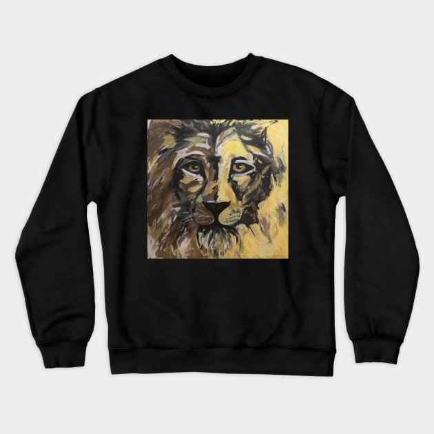 Abstract Lion Face Yellow Brown Painting Crewneck Sweatshirt by angieslittleart